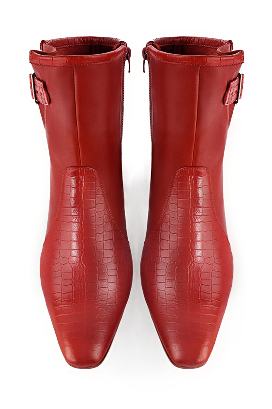 Scarlet red women's ankle boots with buckles on the sides. Square toe. Medium block heels. Top view - Florence KOOIJMAN